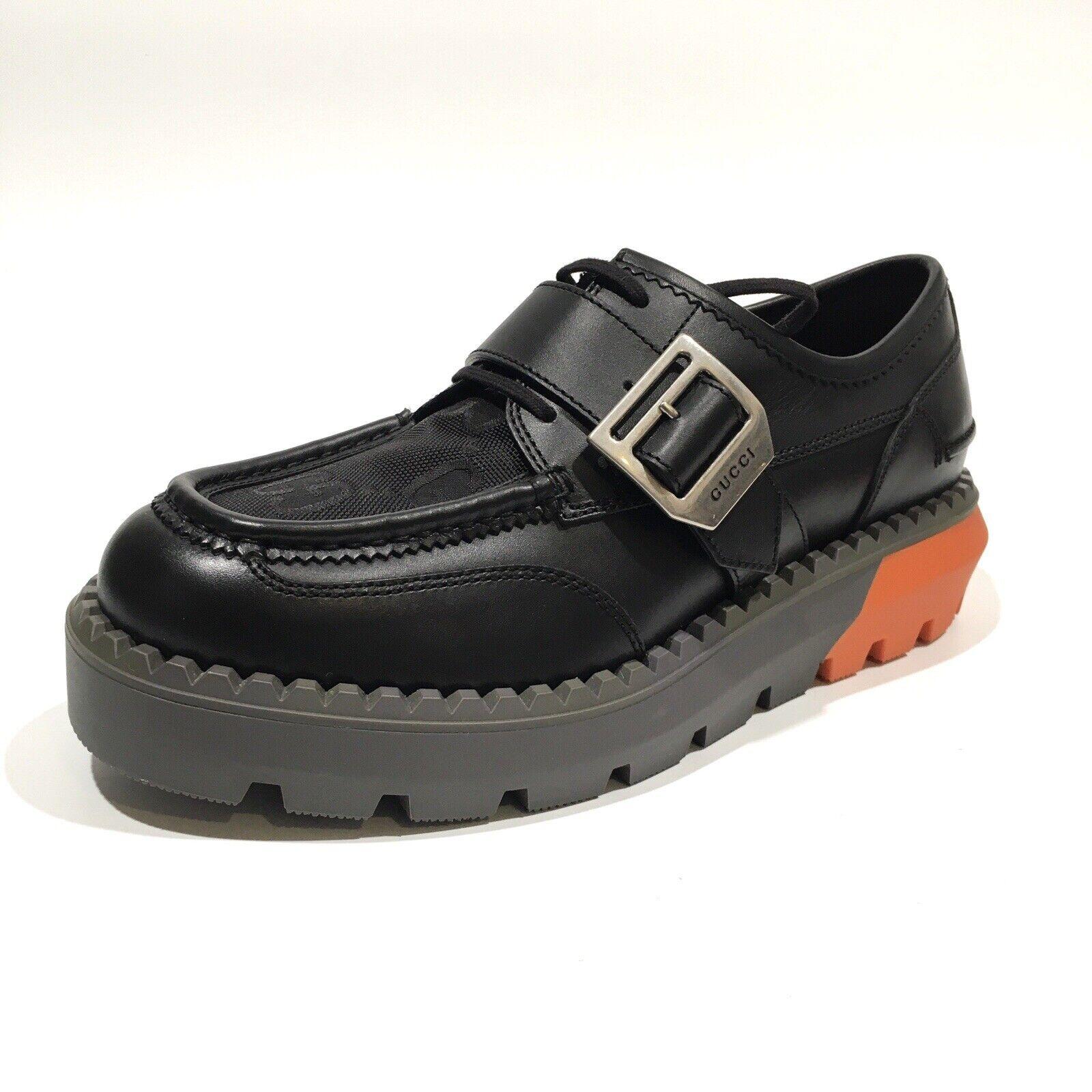 GUCCI LEATHER BLACK ORANGE LACE UP BUCKLE LOAFERS

Color: black
Material: leather with shiny patent finish
Model No. 739868 AABZO 1000

Size: US 10.5  EU 43.5
Platform Height: 38 mm / 1.5” 
Condition: New
Comes with: dust bag & shoes
