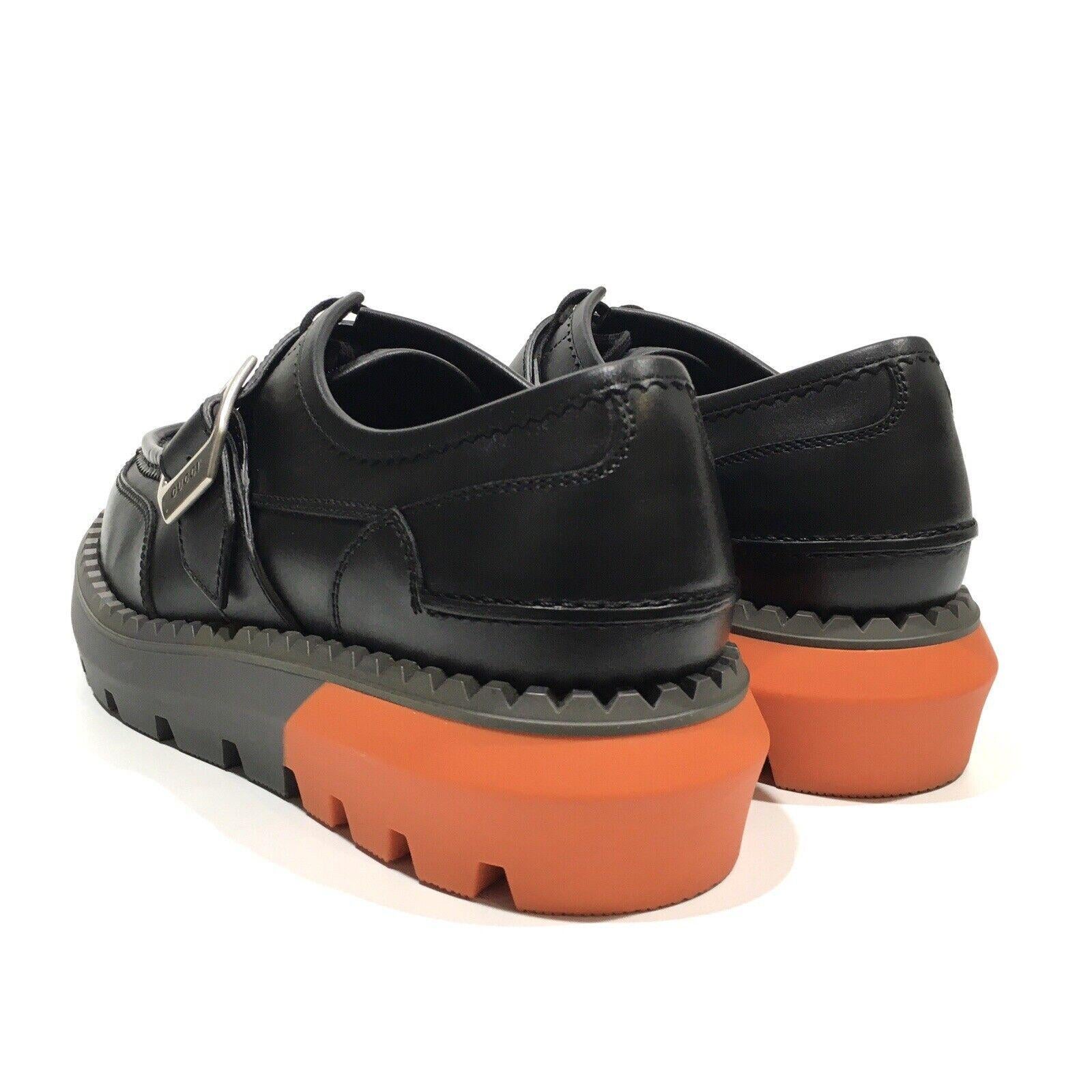 Men's Gucci Leather Black Orange Lace Up Buckle Loafers US 10.5 For Sale