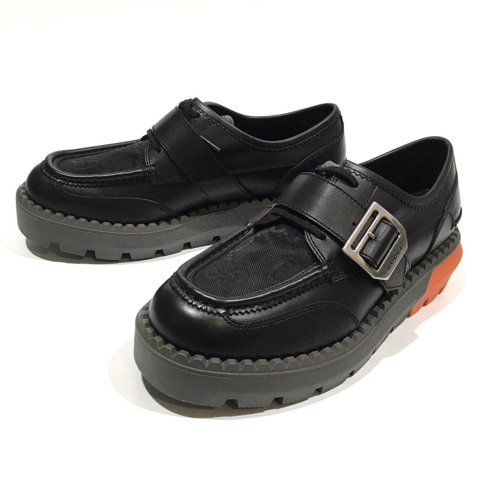 Gucci Leather Black Orange Lace Up Buckle Loafers US 10.5 For Sale 2