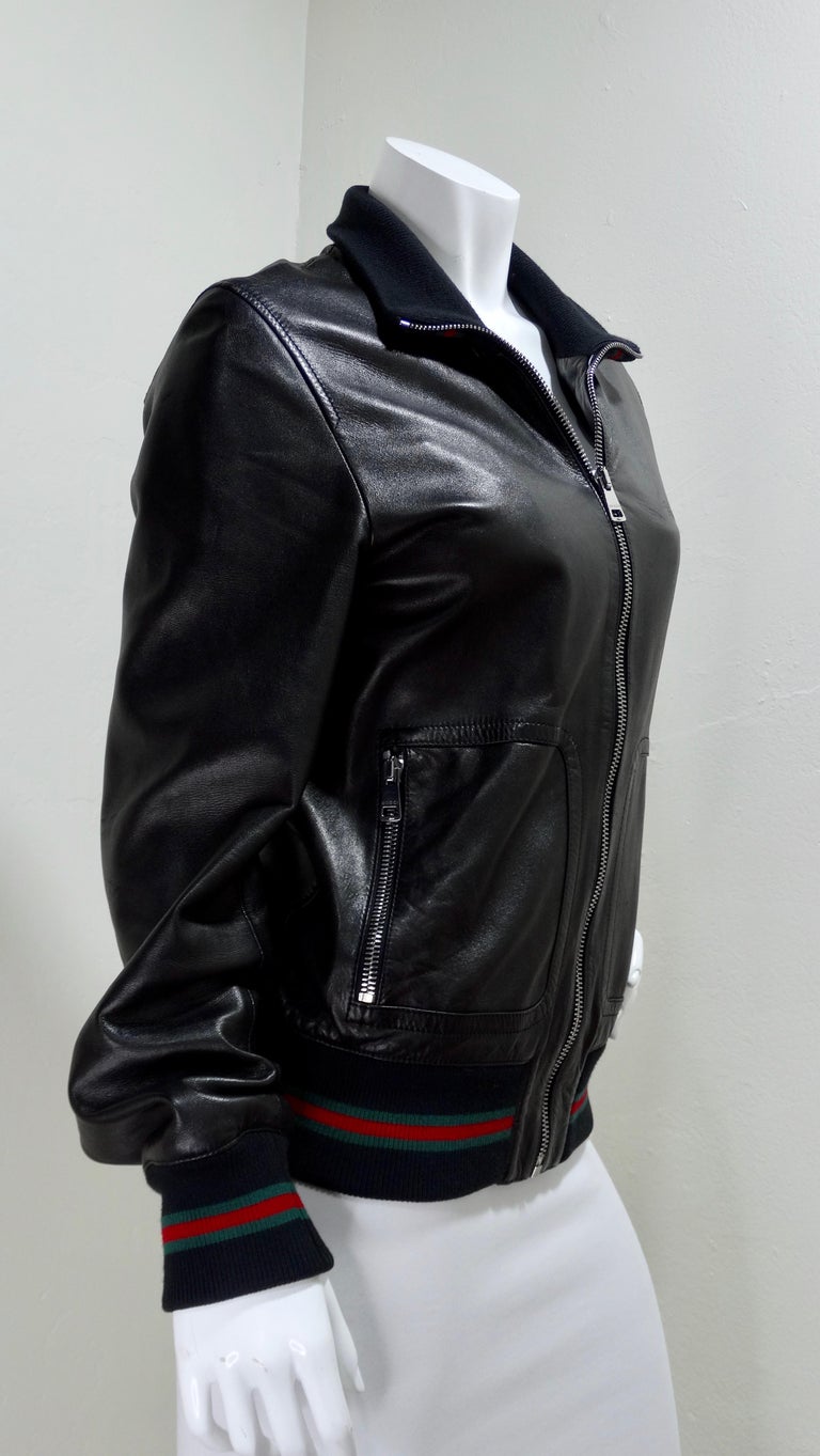 Gucci Leather Bomber Jacket In Excellent Condition For Sale In Scottsdale, AZ