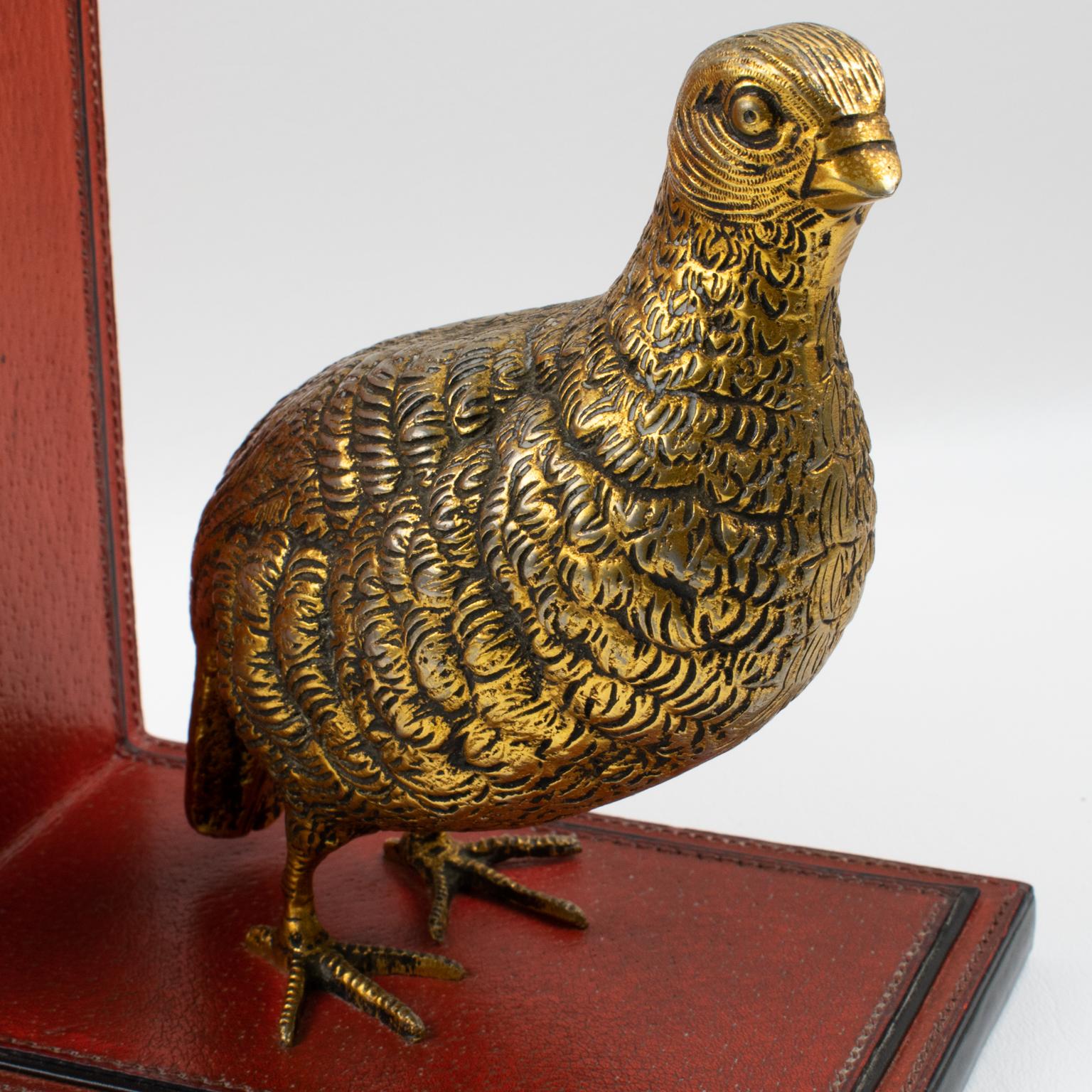 Brass Gucci Leather Bookends with Birds Sculptures, circa 1970 For Sale
