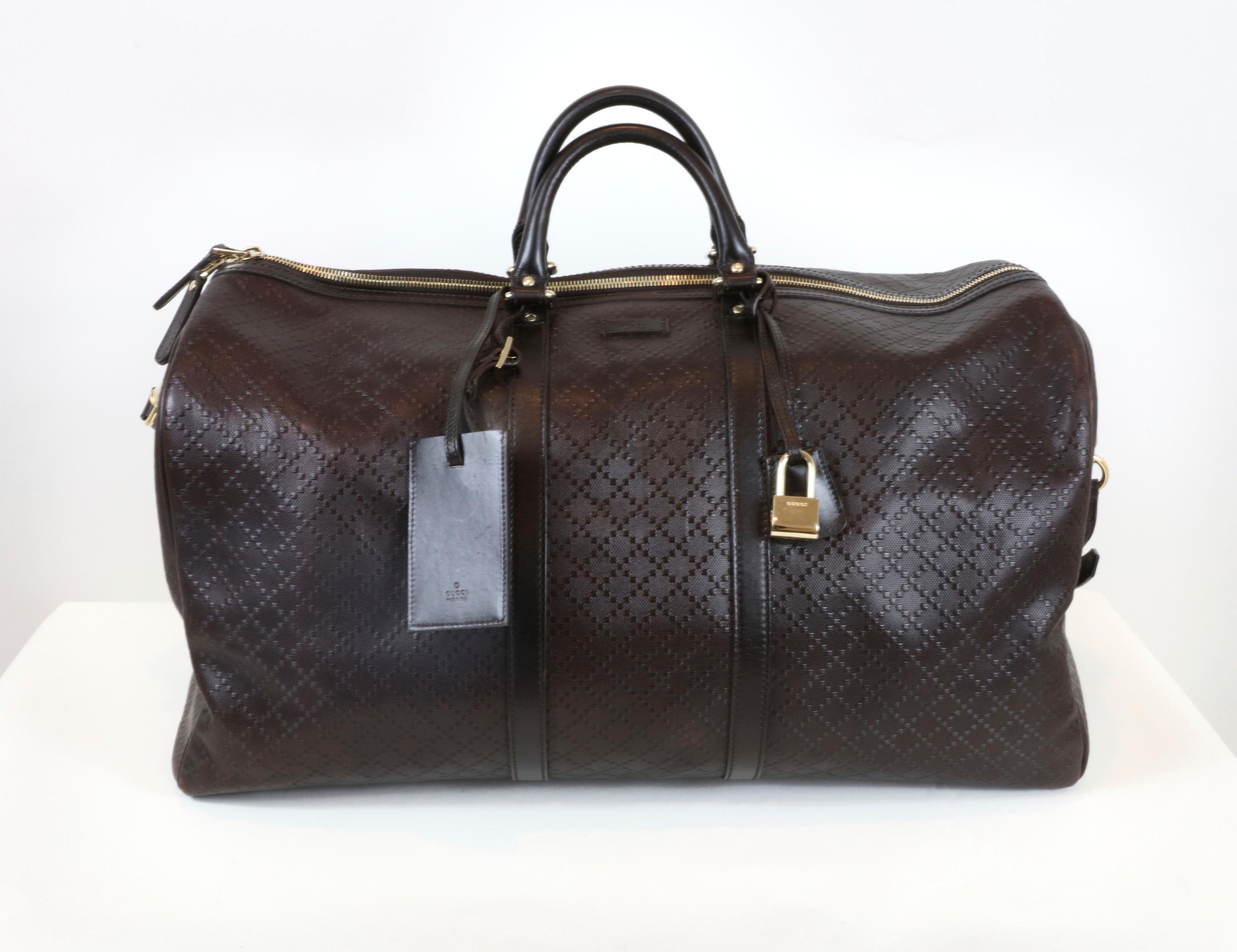 Black Gucci Leather Brown Overnight Bag with Handles & Gold Hardware