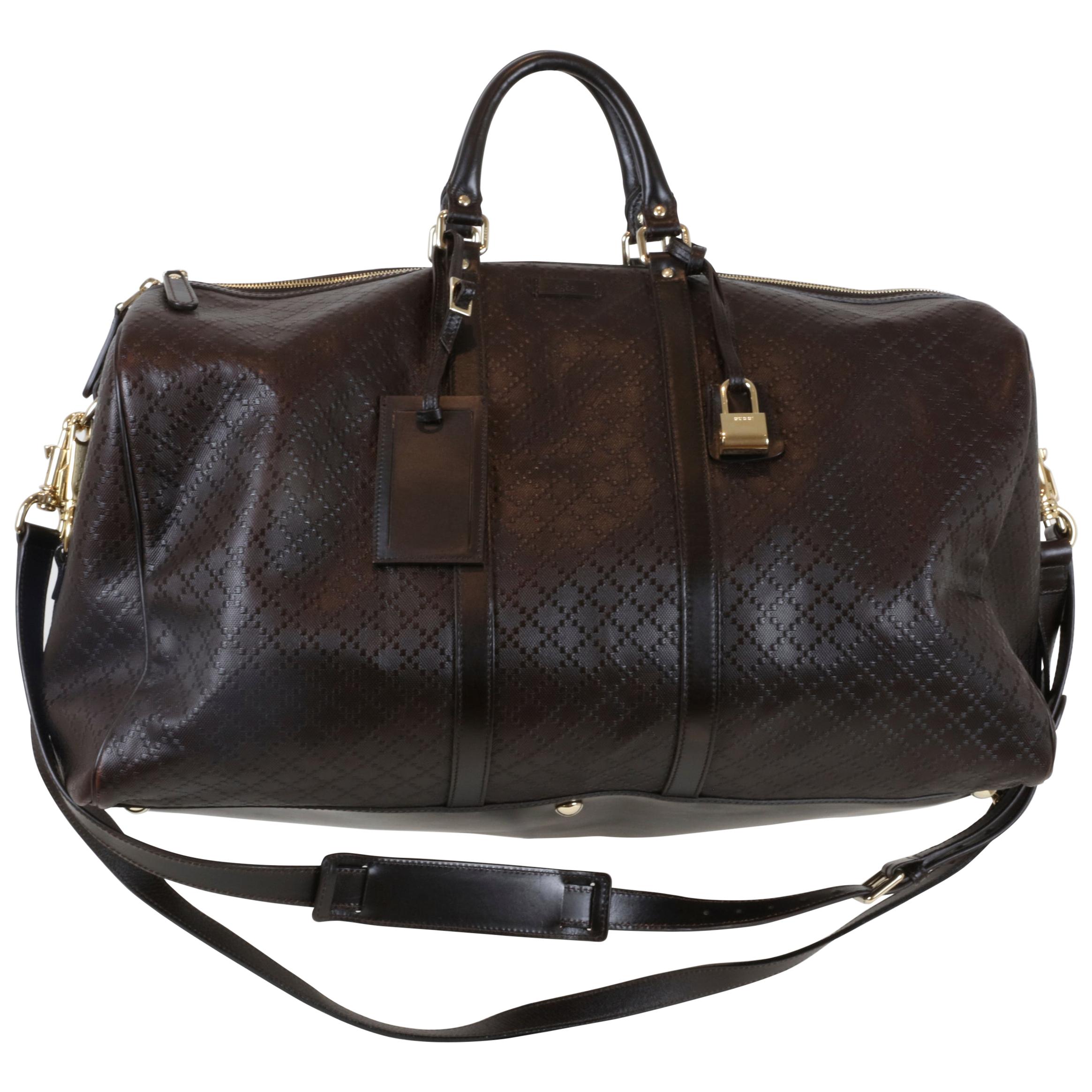 Gucci Leather Brown Overnight Bag with Handles & Gold Hardware
