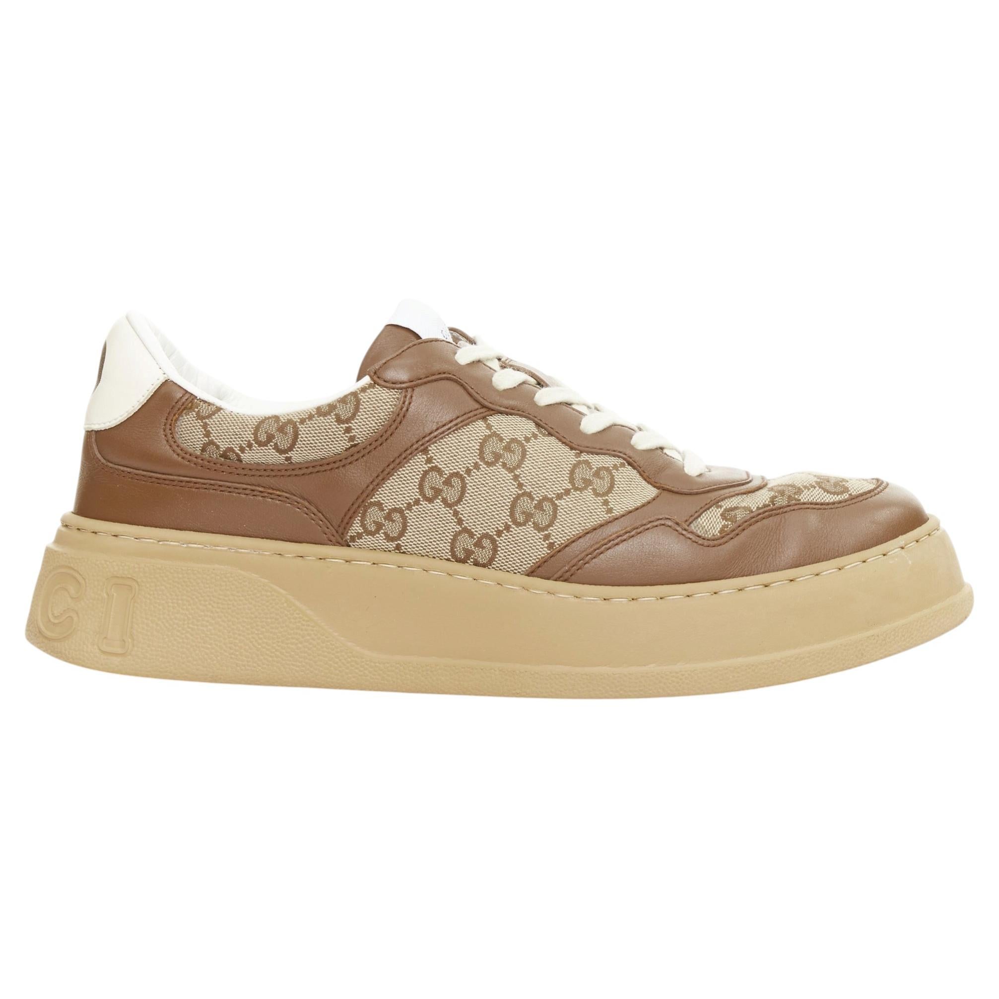 Pre-owned Gucci Leather Canvas Gg Monogram Logo Chunky Platform Sneakers Uk9.5 Eu43.5 In Sand
