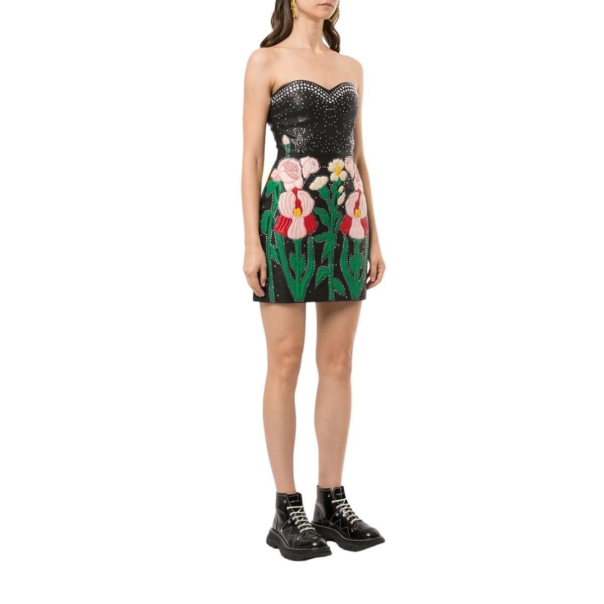 Black Gucci Leather Flower Intarsia Strapless Dress  IT40 US4 For Sale