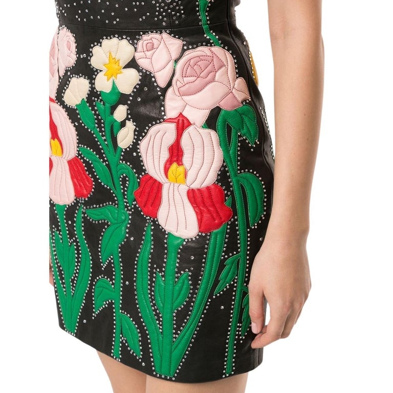 Gucci Leather Flower Intarsia Strapless Dress IT40 US4 For Sale at 1stDibs