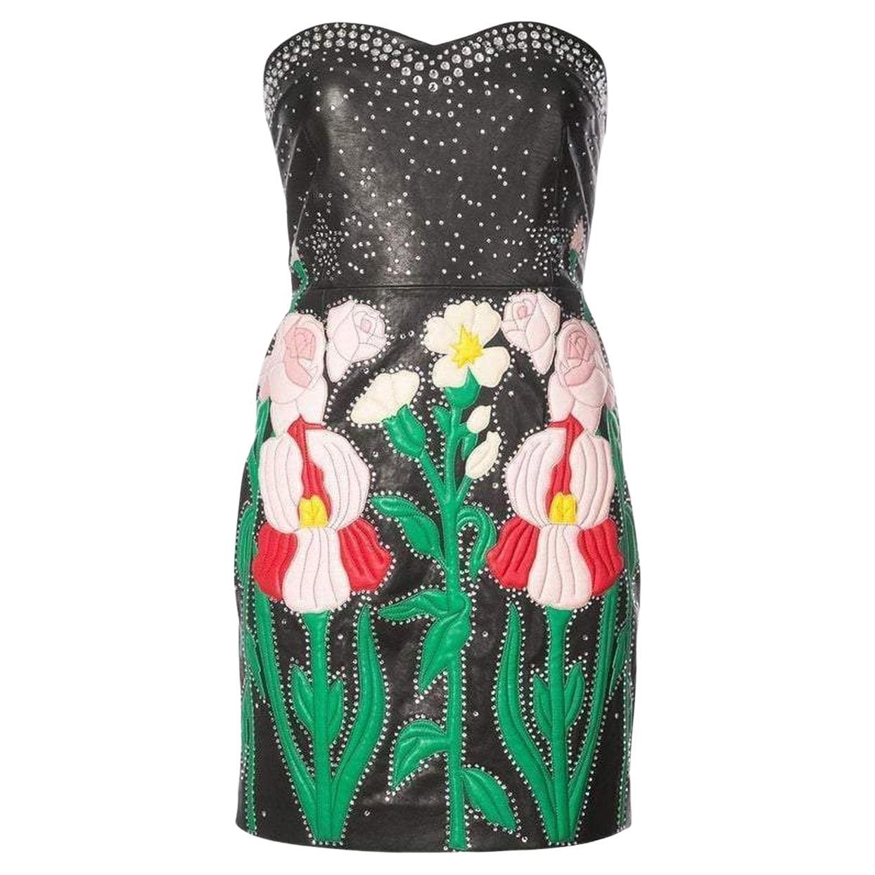 Gucci Leather Flower Intarsia Strapless Dress  IT40 US4 For Sale