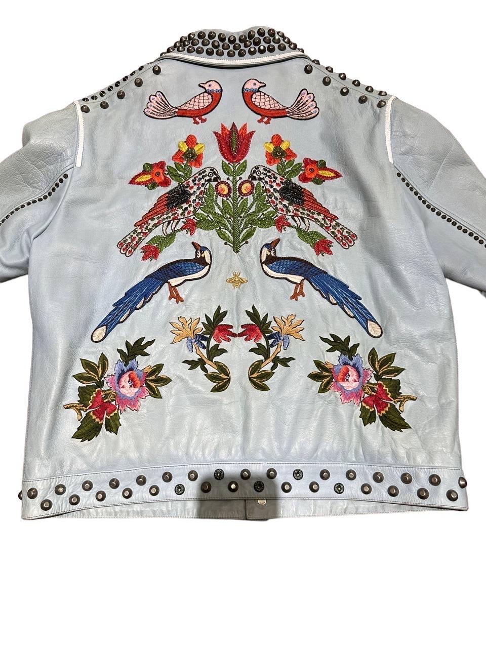 Gucci Leather Jacket Light Blue Floreal Embroidery For Sale 2