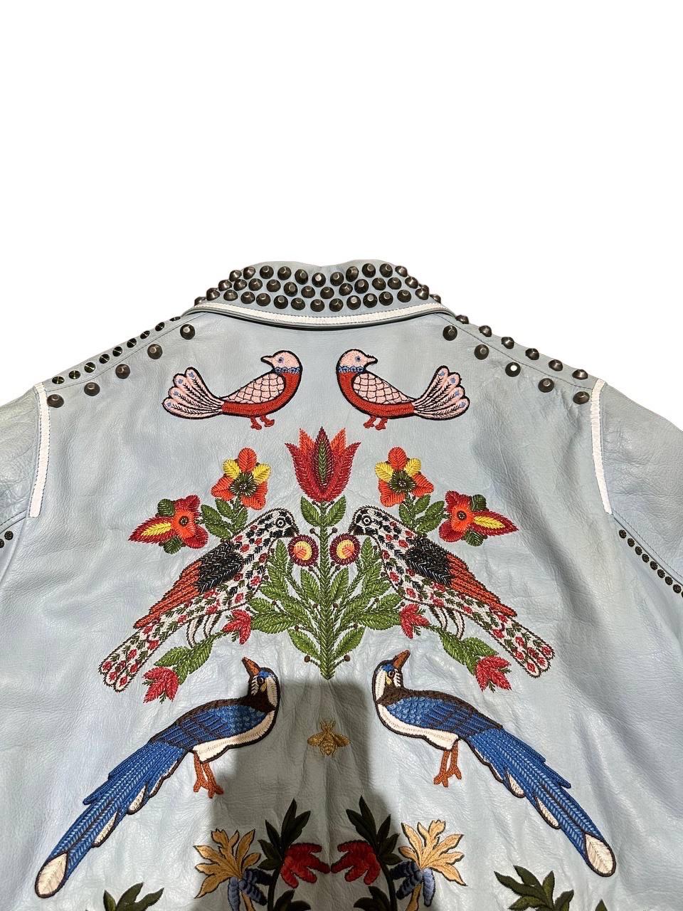 Gucci Leather Jacket Light Blue Floreal Embroidery For Sale 4