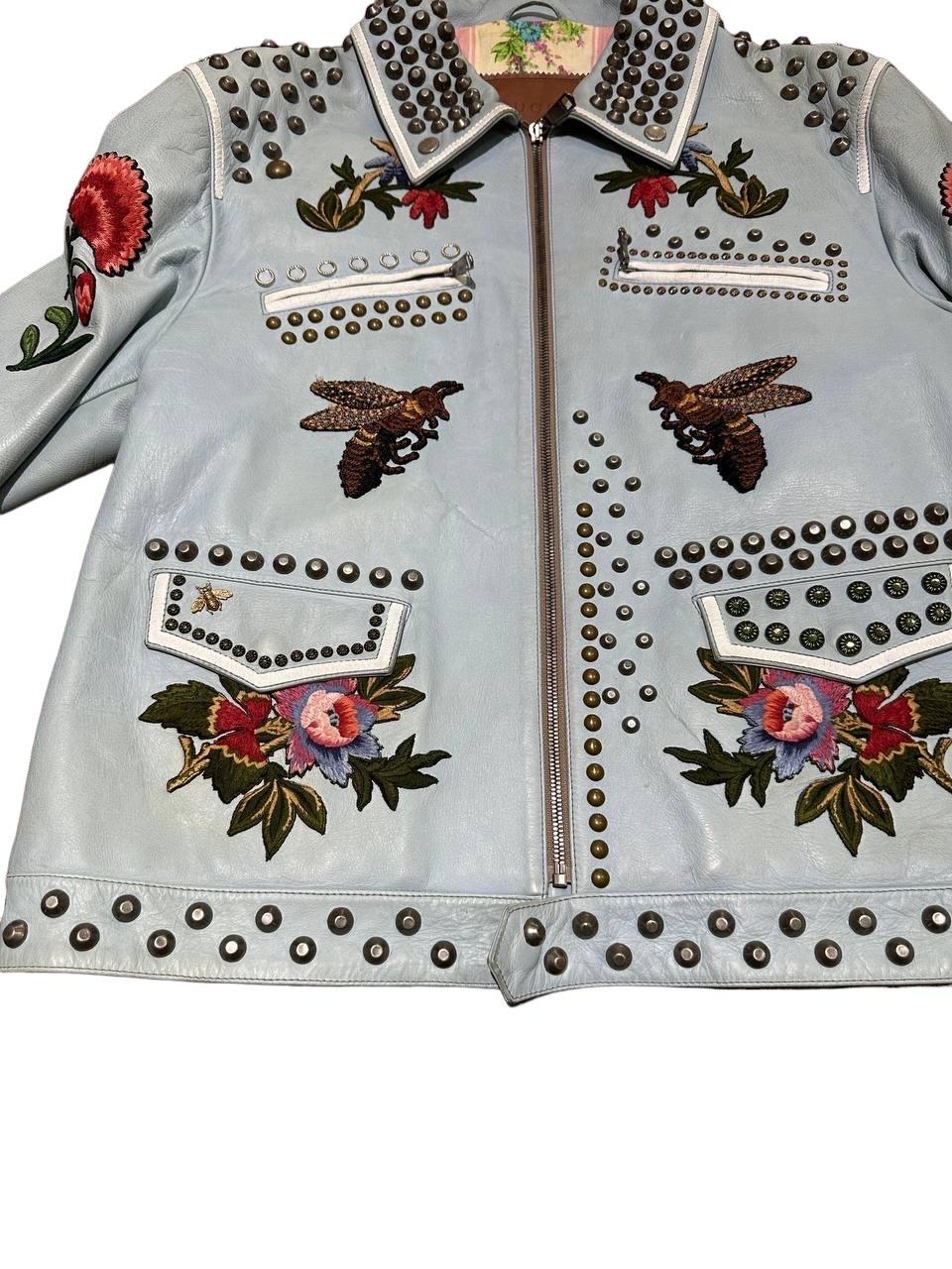 Gray Gucci Leather Jacket Light Blue Floreal Embroidery For Sale