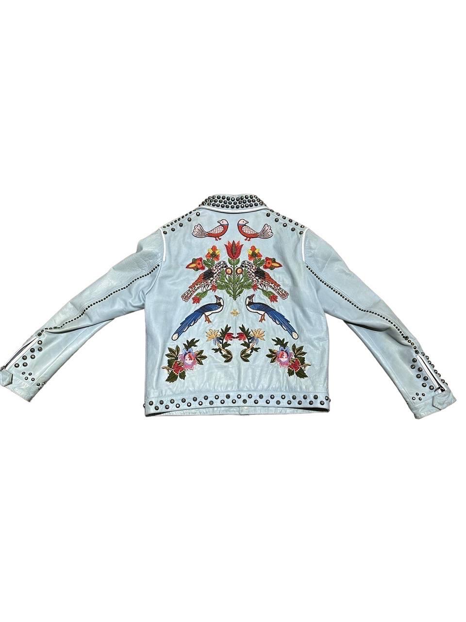 Men's Gucci Leather Jacket Light Blue Floreal Embroidery For Sale
