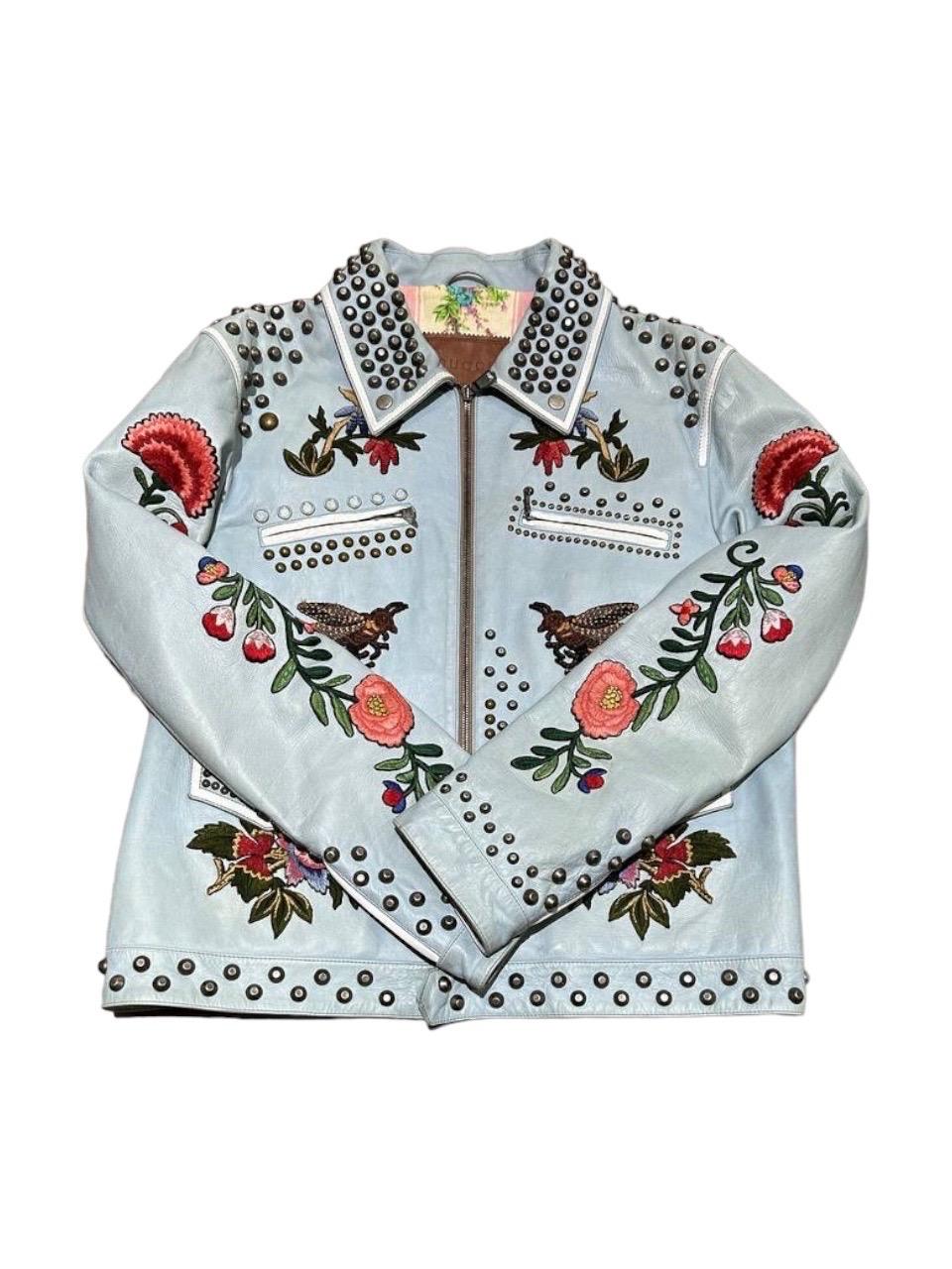 Gucci Leather Jacket Light Blue Floreal Embroidery For Sale 1