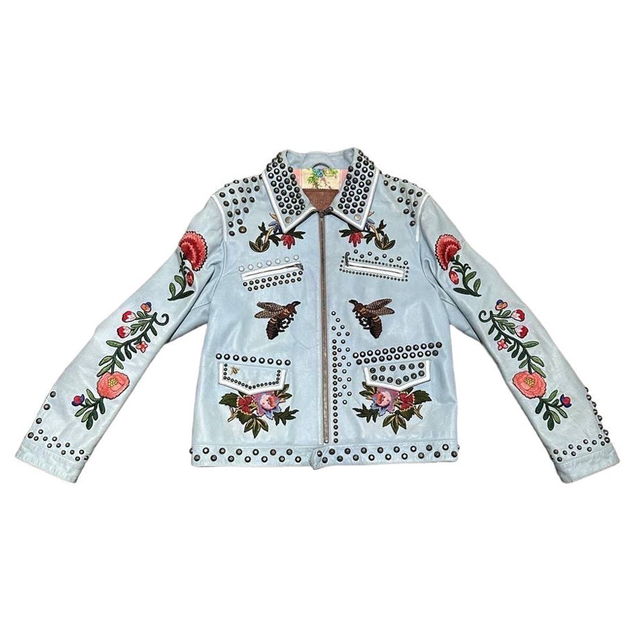 Gucci Lederjacke Hellblau Floreal Stickerei