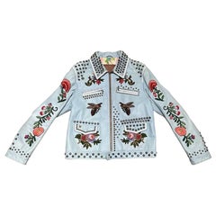 Gucci Giacca di pelle azzurro ricamo floreale