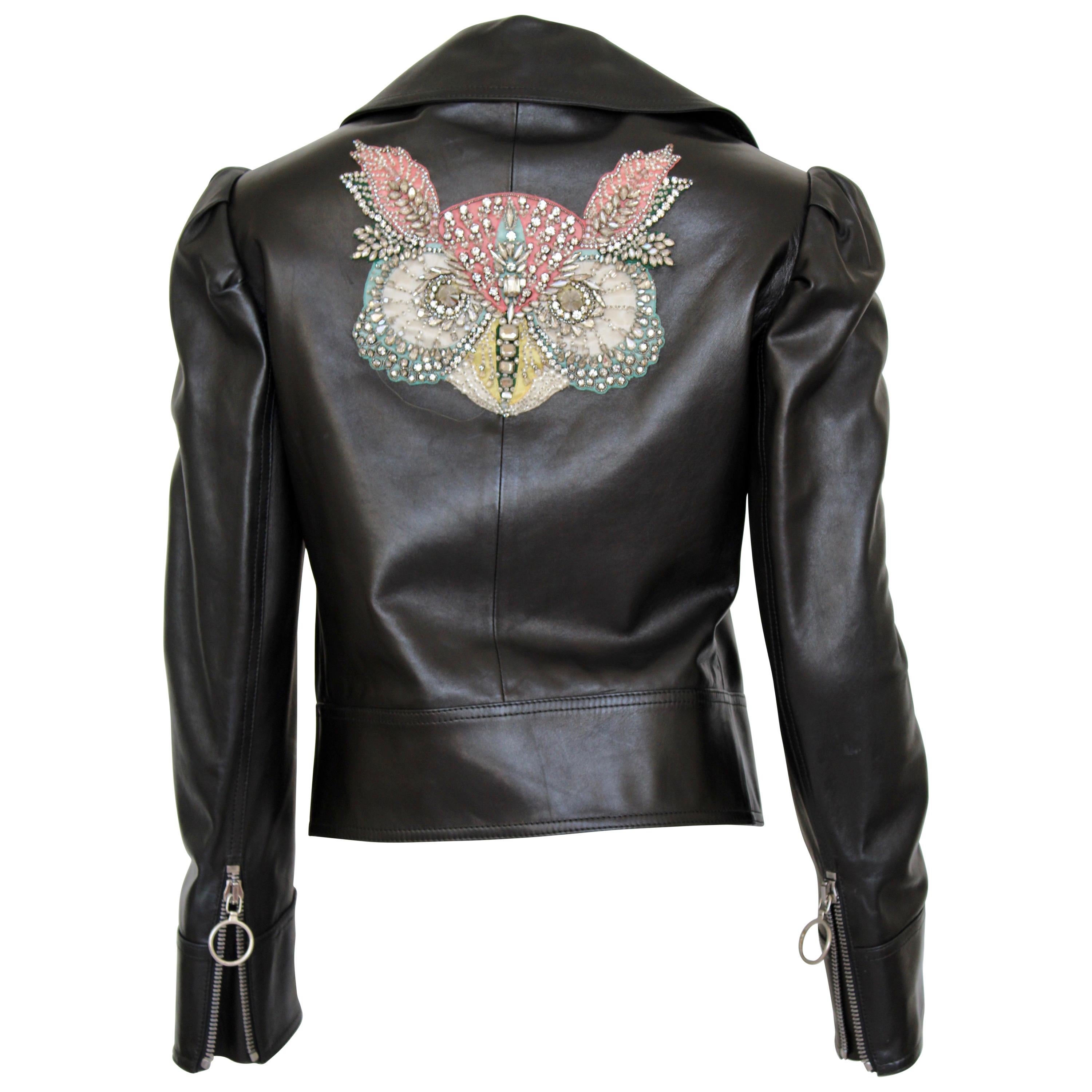 Gucci leather jacket with embroidered/crystal owl design  For Sale