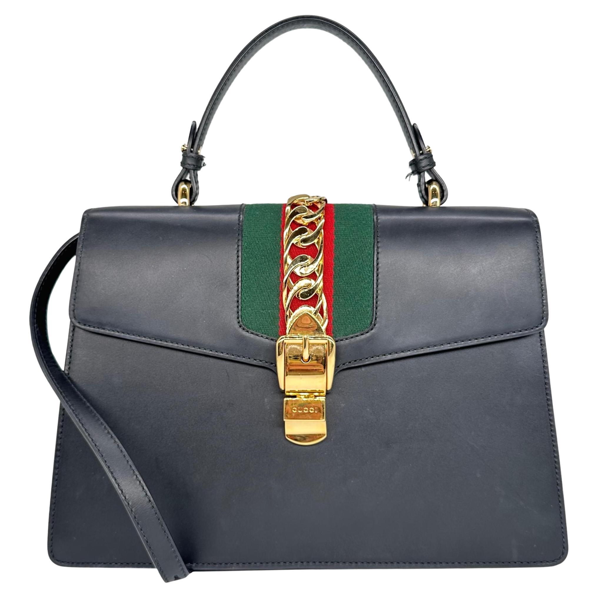 Gucci Leather Medium Sylvie Web Chain Belt Lock Top Handle Crossbody Bag, 2018.  For Sale