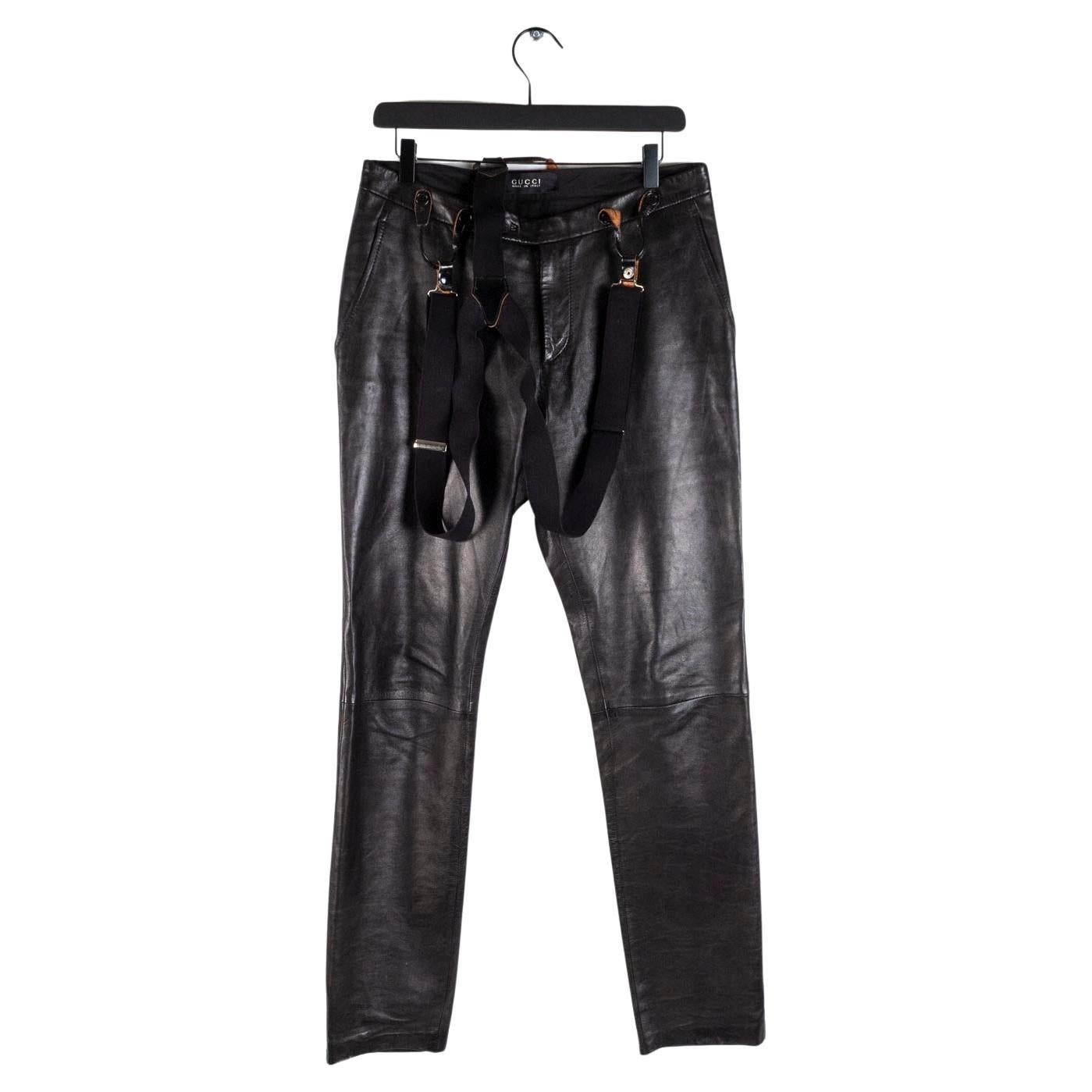 Gucci Leather Men Pants with suspenders Size 48 (M/L) For Sale