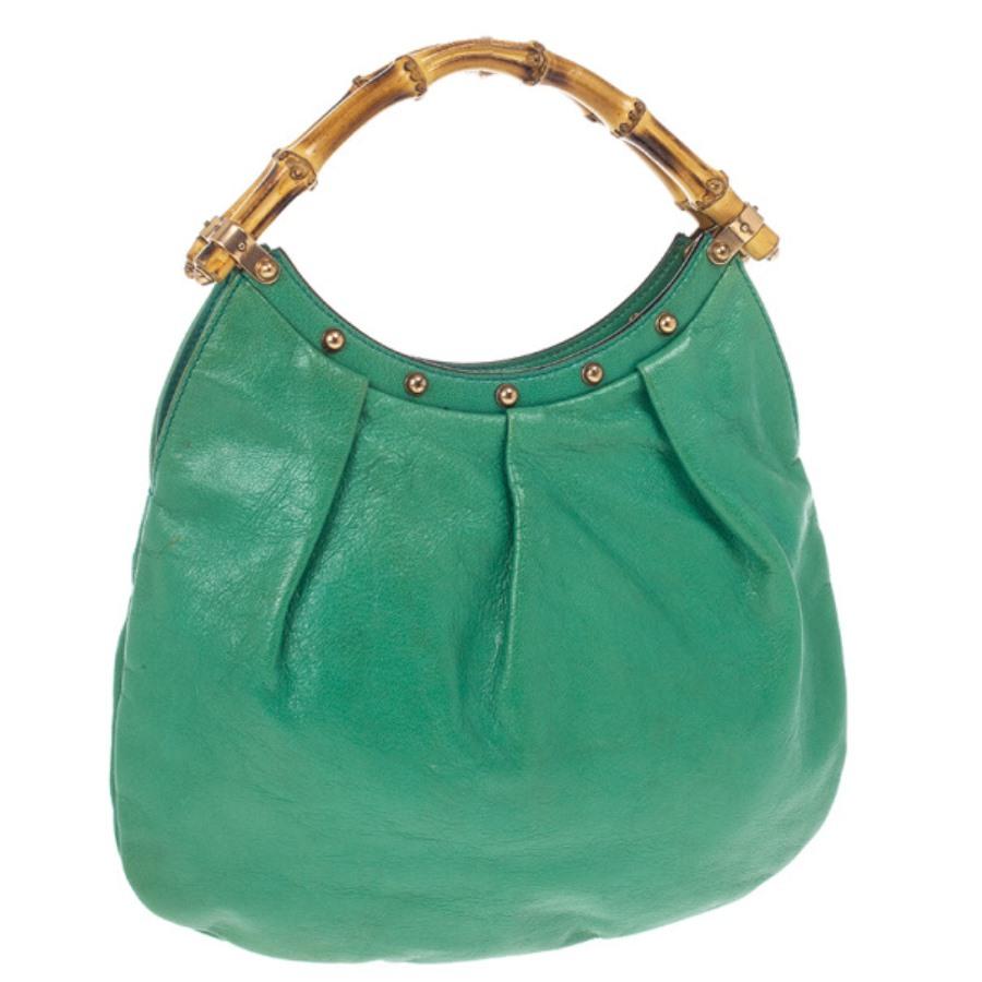 Blue Gucci Leather Studded Bamboo Handle Hobo