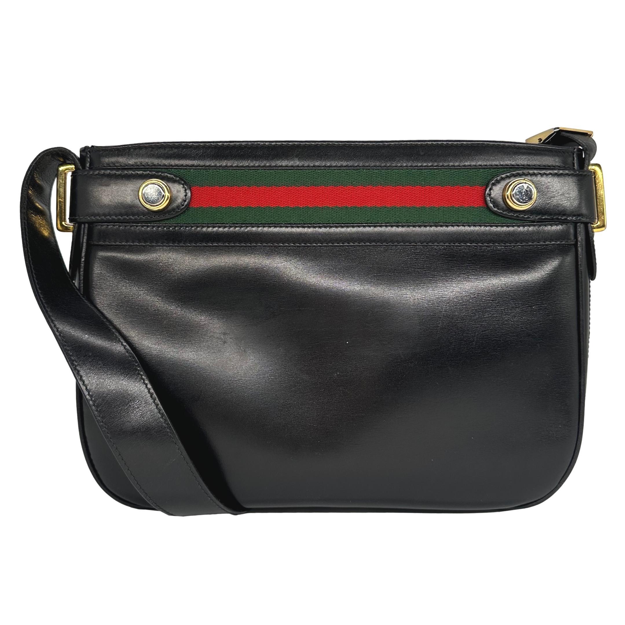 Bolso de hombro cruzado de piel de la línea Sherry Web Vintage de Gucci, 1980. Negro en venta