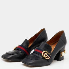 Gucci Leather Web GG Marmont Faux Pearl Block Heel Loafer Pumps Size 38.5