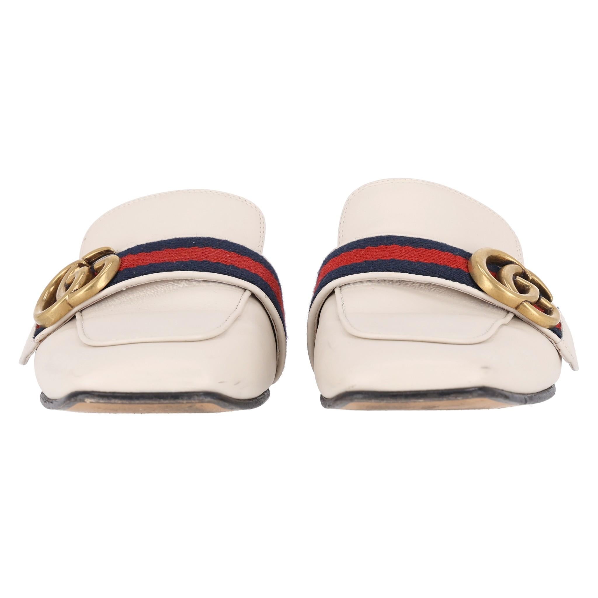 Beige Gucci Leather  Web Stripe & 'GG' Logo Slides