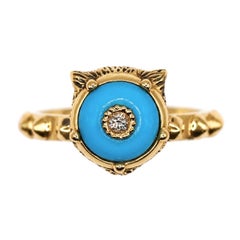 Gucci Leopard Head Turquoise Diamond 18K Yellow Gold Ring