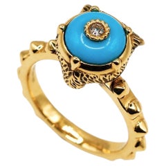 Gucci Leopard Head Turquoise Diamond 18K Yellow Gold Ring