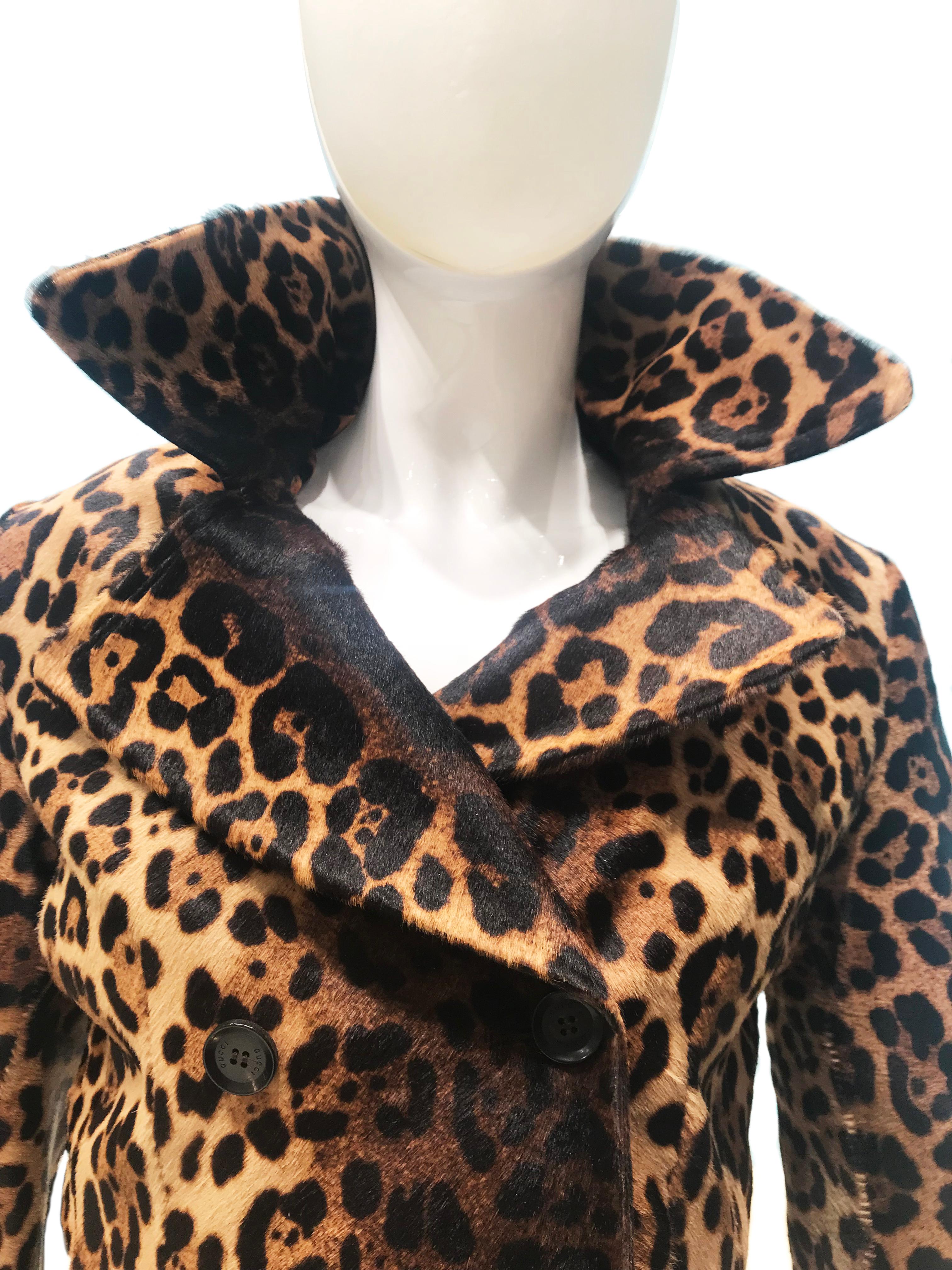 Black Gucci Leopard Print Belted Fur Coat, 2013  For Sale