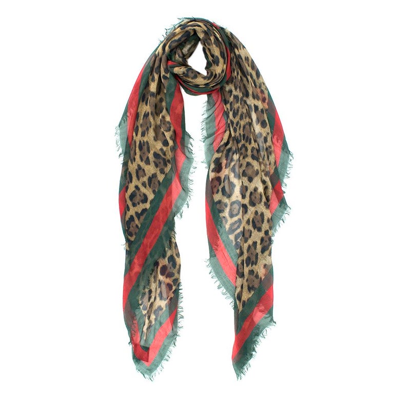 Gucci Leopard Print Web Trim Silk Blend Shawl at 1stDibs
