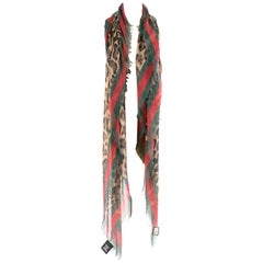 Gucci Leopard Print Web Trim Silk Blend Shawl	