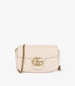 Used Gucci Light Beige Chevron Quilted Calfskin Leather Super Mini GG Marmont