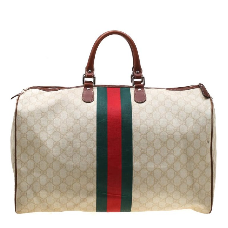 Gucci Light Beige GG Supreme Coated Canvas Web Duffle Bag For Sale at 1stdibs