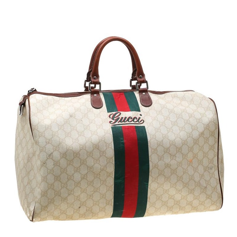 Gucci Light Beige GG Supreme Coated Canvas Web Duffle Bag For Sale at 1stdibs