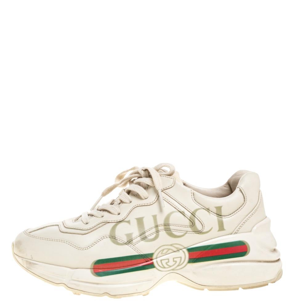 Gucci Light Beige Leather Rhyton Gucci Logo Low Top Sneakers Size 38 1