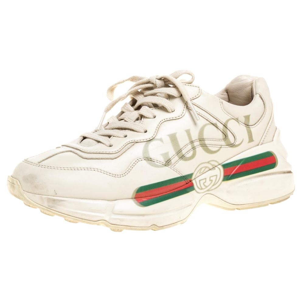 Gucci Light Beige Leather Rhyton Gucci Logo Low Top Sneakers Size 38