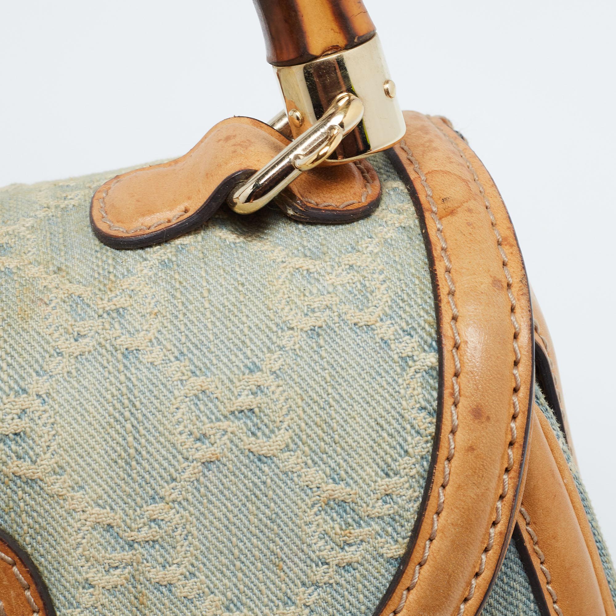 Gucci Light Blue/Beige GG Canvas and Leather Bamboo Top Handle Bag 10