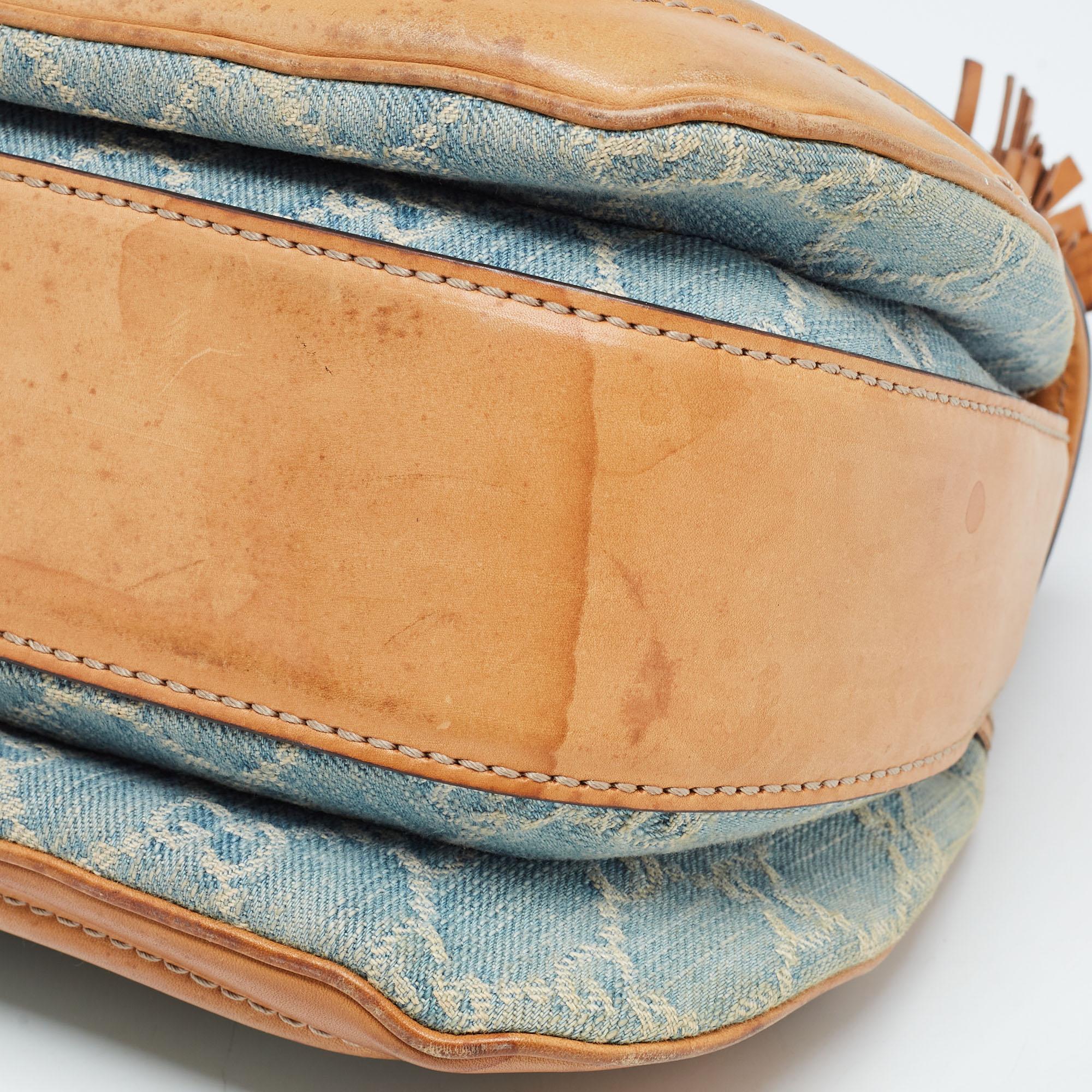 Gucci Light Blue/Beige GG Canvas and Leather Bamboo Top Handle Bag 12