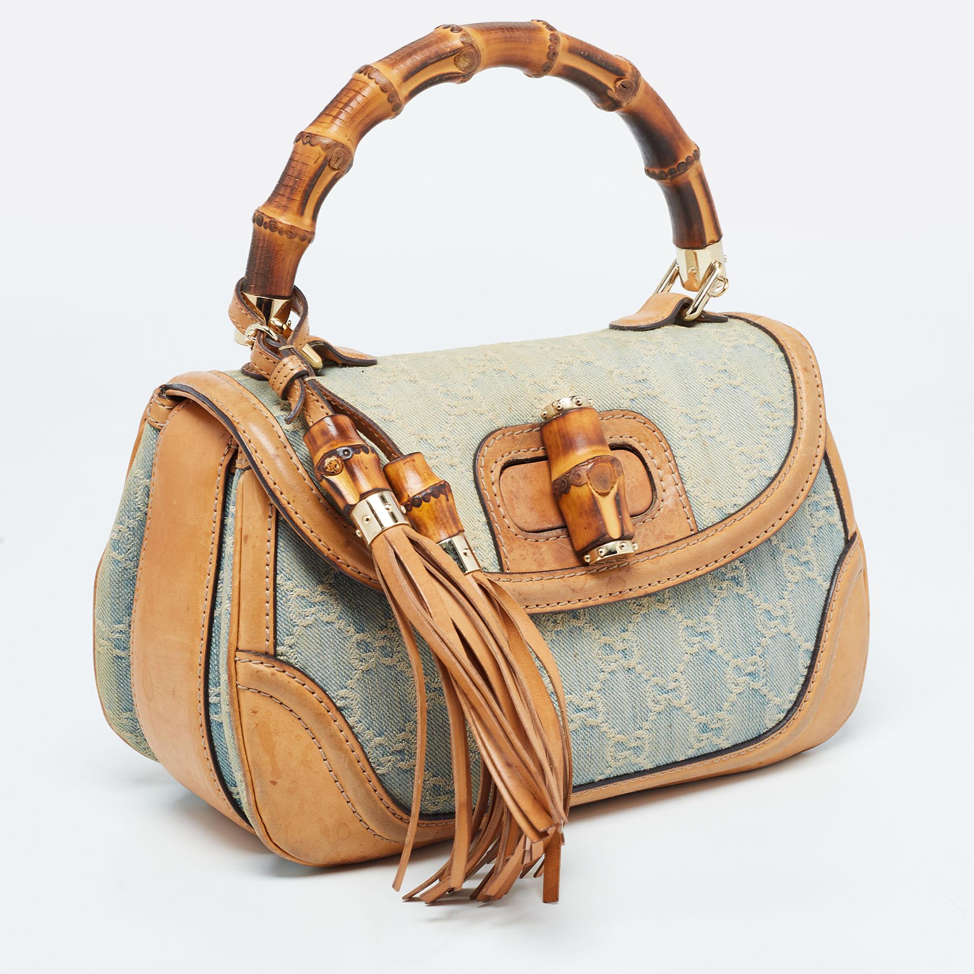 Gucci Light Blue/Beige GG Canvas and Leather Bamboo Top Handle Bag 16