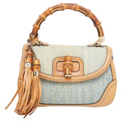 Gucci Light Blue/Beige GG Canvas and Leather Bamboo Top Handle Bag