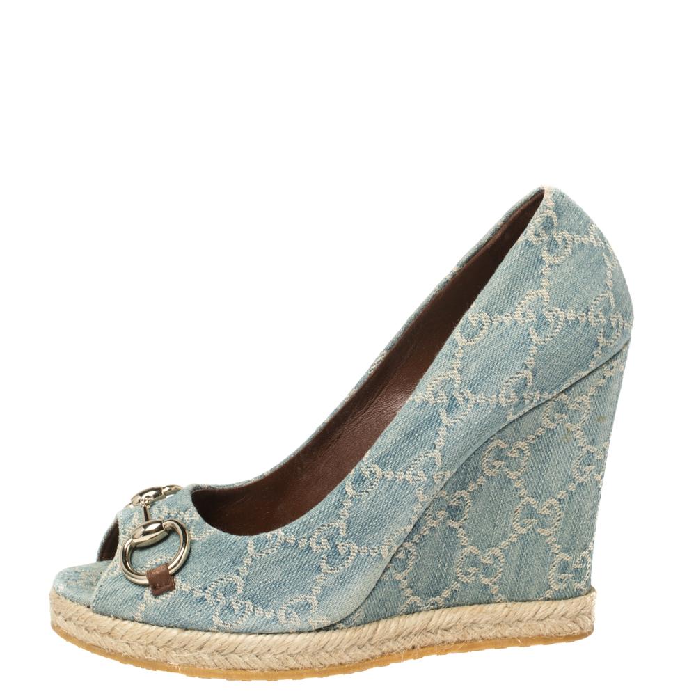 Gucci Light Blue Denim Horsebit Wedge Pumps Size 38 at 1stDibs