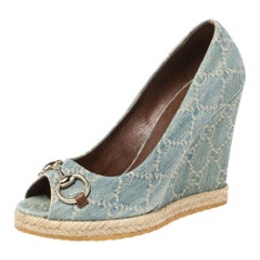 Gucci Light Blue Denim Horsebit Wedge Pumps Size 38