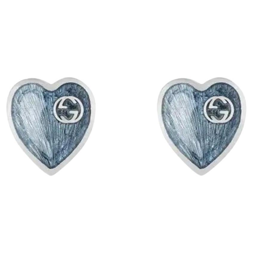 Gucci Light Blue Enamel Interlocking G Heart Stud Earrings 925 Sterling Silver For Sale