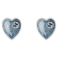 Gucci Light Blue Enamel Interlocking G Heart Stud Earrings 925 Sterling Silver