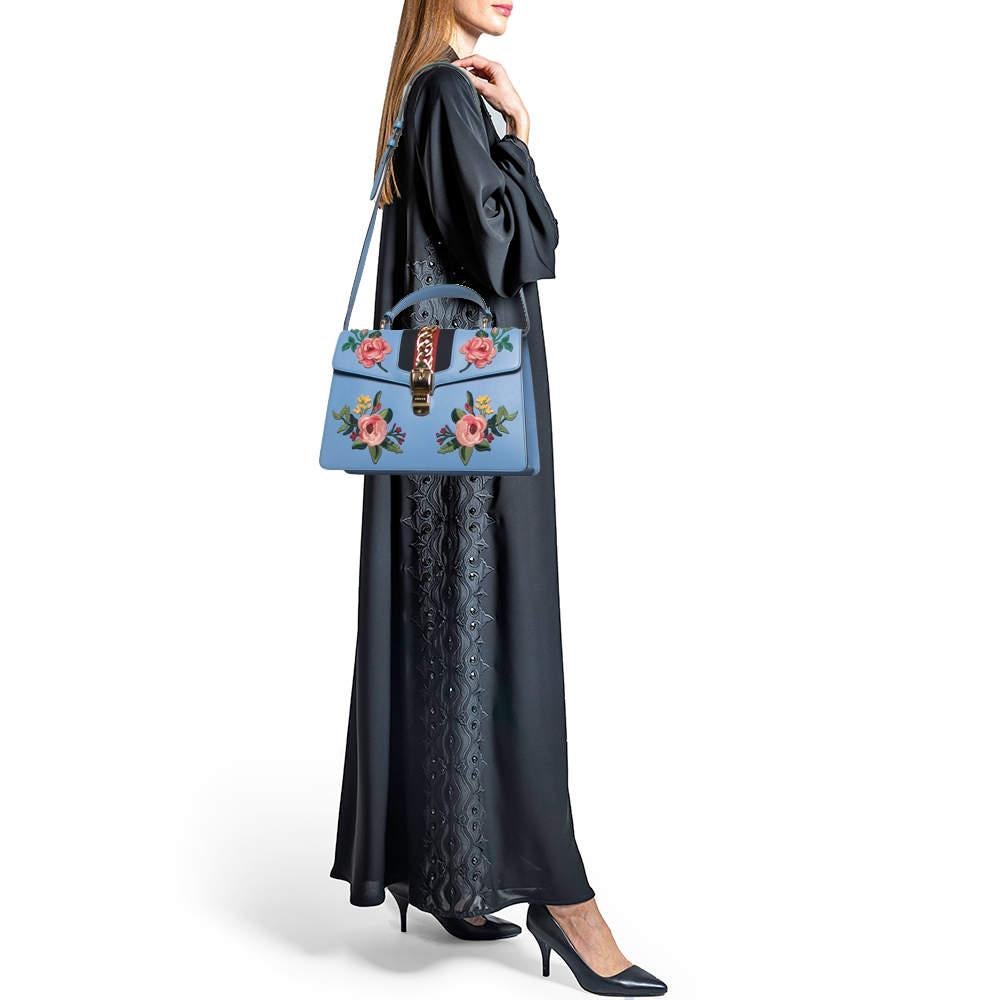 Gucci Light Blue Floral Embroidered Leather Medium Sylvie Top Handle Bag In Good Condition In Dubai, Al Qouz 2