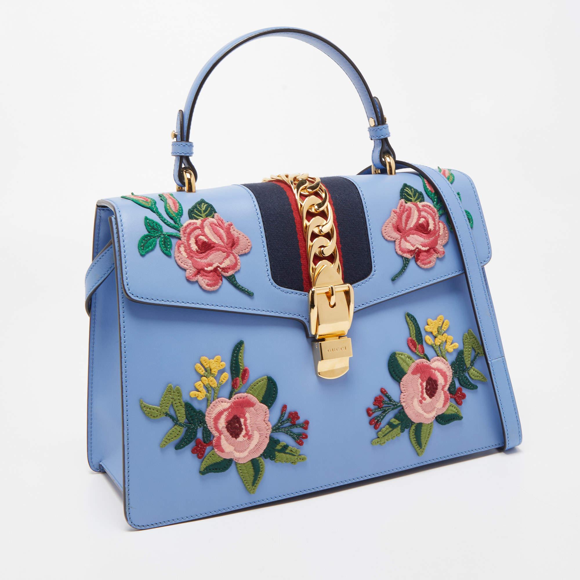 Gucci Light Blue Floral Embroidered Leather Medium Sylvie Top Handle Bag 1