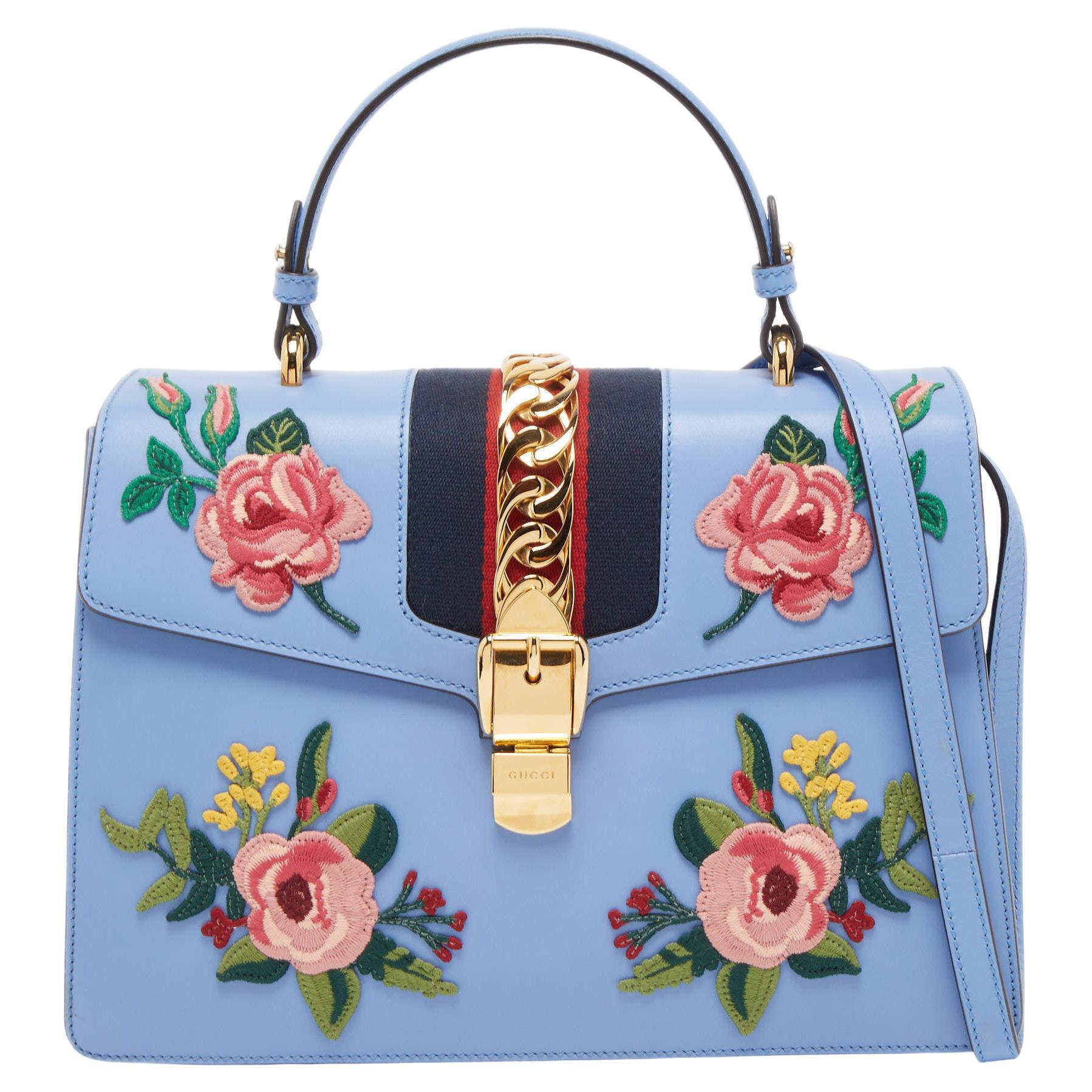 Gucci Light Blue Floral Embroidered Leather Medium Sylvie Top Handle Bag
