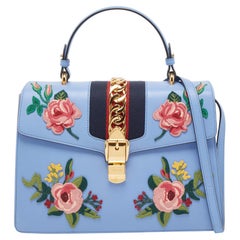 Gucci Light Blue Floral Embroidered Leather Medium Sylvie Top Handle Bag