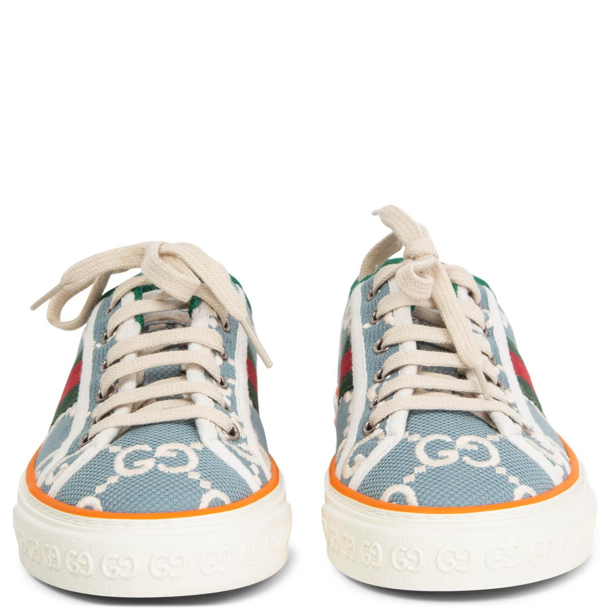 100% authentic Gucci Tennis 1977 sneaker crafted from light blue organic jacquard denim. With a with allover GG motif and signature red and green Web stripe on the side. Brand new. Come with dust bags. 

Measurements
Imprinted Size	37.5
Shoe