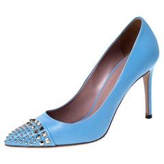 Gucci Light Blue Leather Coline Studded Pointed Pumps Size 37