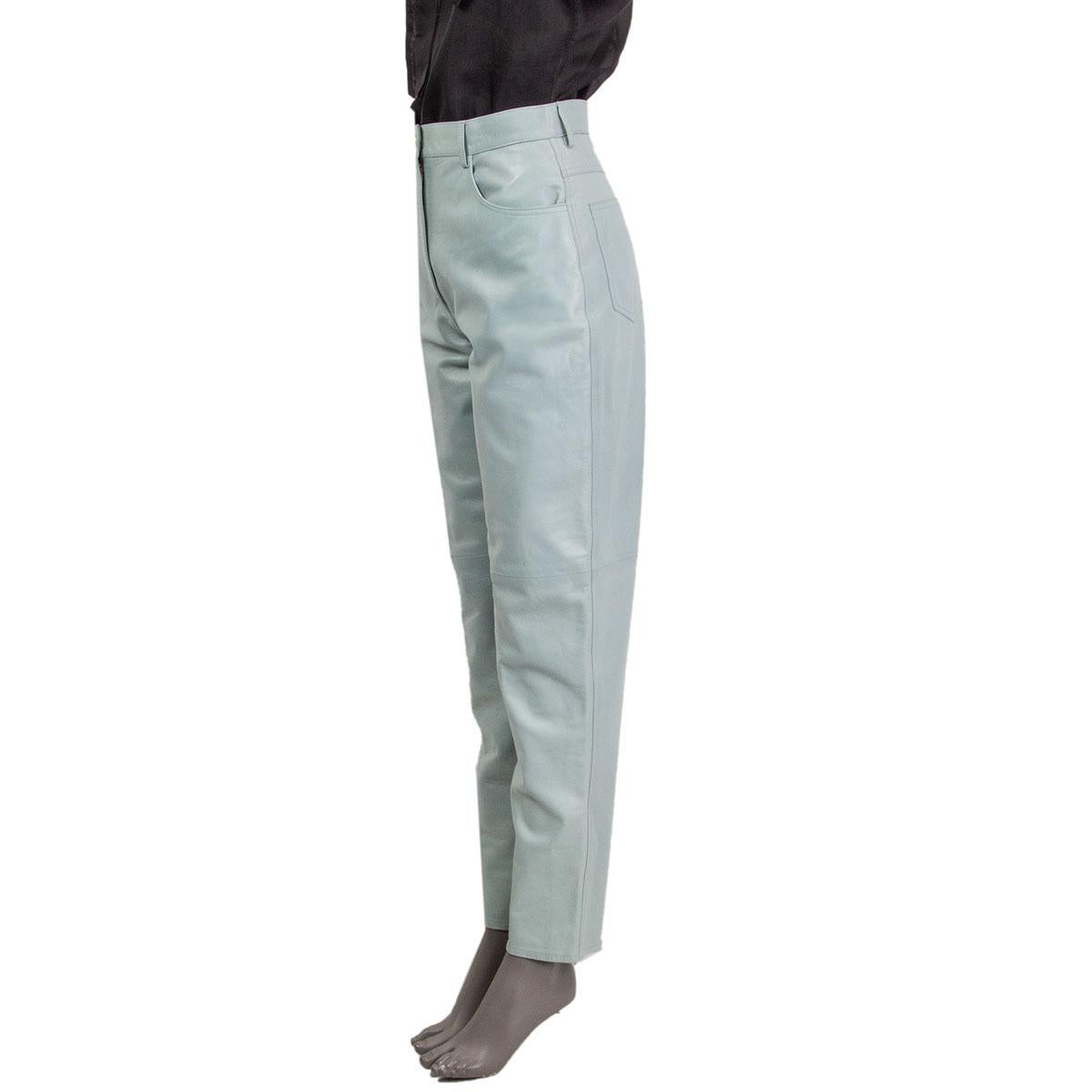 100% authentic Gucci tapered leather pant in pale blue leather (100%) with a high rise, five-pocktes and belt loops. Lined in pale blue  fabric. Closes with a zipper and button in the front. Has been worn and is excellent condition.

Tag